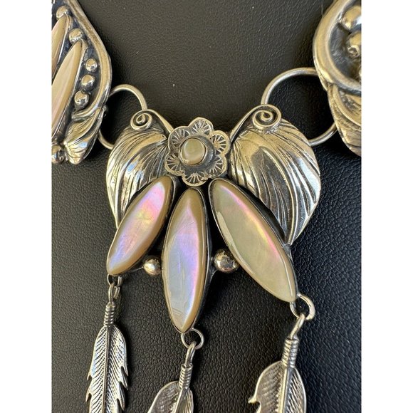 Navajo Mother of Pearl & Sterling Silver 3 Panel Statement Necklace w Feathers - Picture 4 of 14
